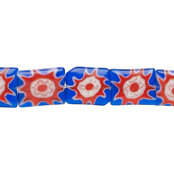Bead, millefiori glass, translucent cobalt blue / white / red 12x10mm puffed rectangle with flower design. Sold per 14-inch strand. image number 0