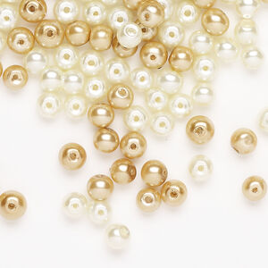 Glass pearl mix 1pkg250, cream and gold, 4mm round