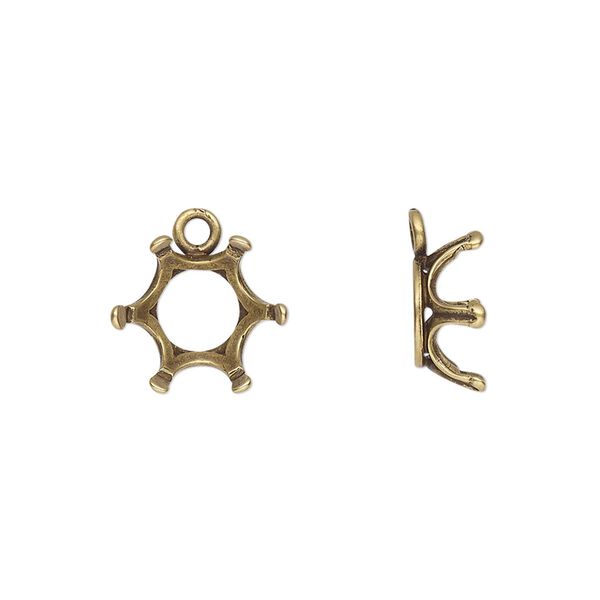 Drop, JBB Findings, antique brass-plated brass, 13mm round with open back and 6-prong SS45 chaton setting. Sold per pkg of 2. image number 0