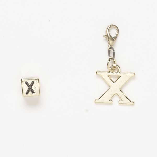 Bead and charm 1pkg2, antique gold-finished "pewter" (zinc alloy) / steel / enamel, black, 7mm cube with alphabet letter "X" and 16x13mm alphabet letter "X" with lobster claw clasp. image number 0