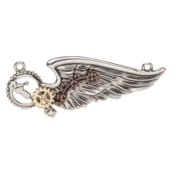 Focal, antique gold- / copper- / silver-finished "pewter" (zinc-based alloy), 2-1/2 x 1 inch single-sided gear wings with 2 loops. Sold individually. image number 0