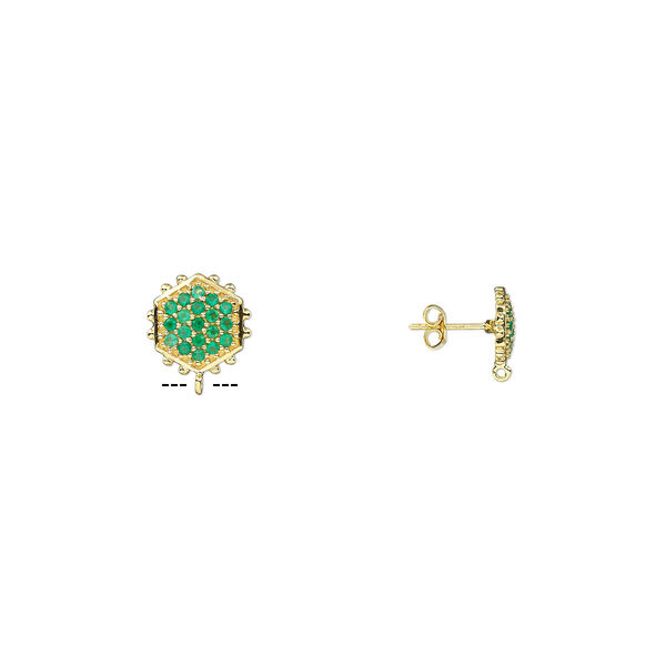 Earstud, green onyx (dyed) and gold-finished sterling silver, 12x11mm beaded hexagon with open loop. Sold per pair. image number 0