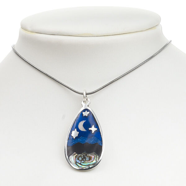 Focal, Pacific blue abalone shell (natural) / enamel / pewter (tin-based alloy), multicolored, 35x20mm teardrop with moon and stars. Sold individually. image number 0