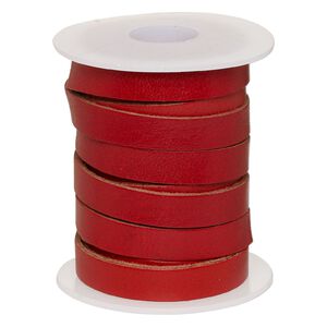 Cord, leather, red, 8mm flat. Sold per 5-yard spool.