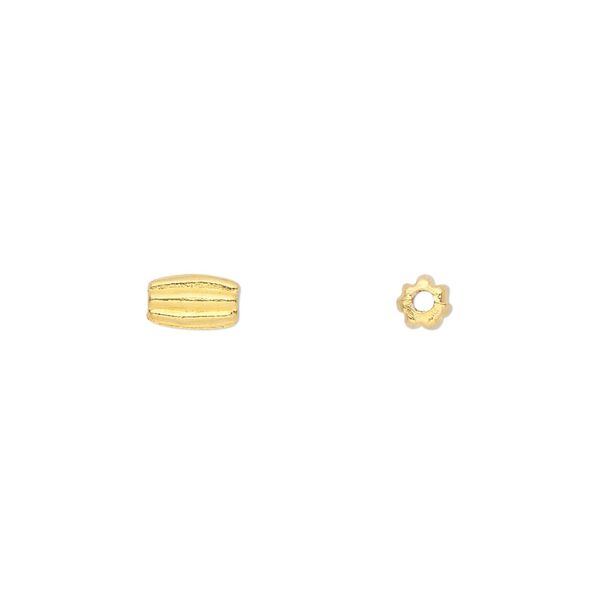 Bead, gold-finished "pewter" (zinc-based alloy), 7x4mm corrugated round tube. Sold per pkg of 100. image number 0