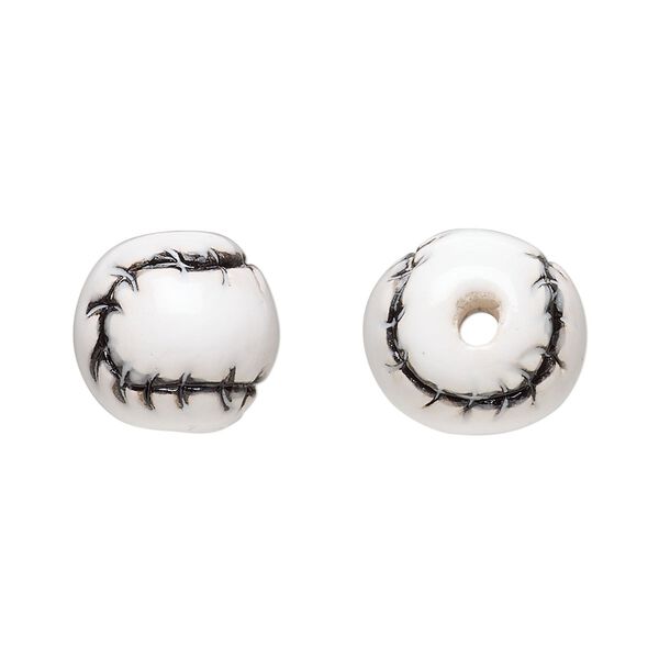 Bead, glazed ceramic, white and black, 13mm hand-painted baseball. Sold per pkg of 2. image number 0