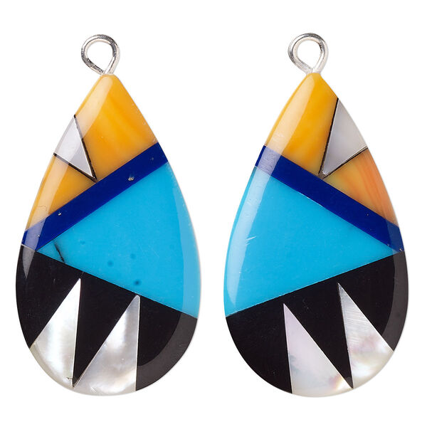 Drop, mother-of-pearl shell / resin / silver-finished copper, turquoise blue / orange / dark blue, 28x16mm single-sided right- and left-facing flat teardrop. Sold per pkg of 2. image number 0