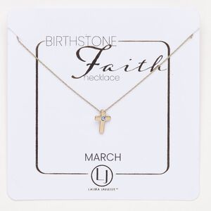 Necklace, steel and glass, pkg/16 inches with lobster claw clasp and 3-inch extender chain, 10x7mm March birthstone cross, gold finish aquamarine.