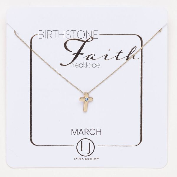 Necklace, steel and glass, pkg/16 inches with lobster claw clasp and 3-inch extender chain, 10x7mm March birthstone cross, gold finish aquamarine. image number 0