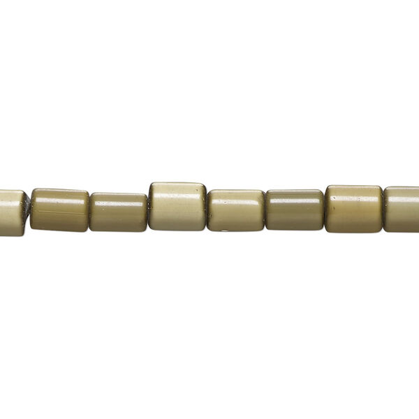 Bead, cat's eye glass (fiber optic glass), olive green, 5x4mm-6x5mm round tube. Sold per 14-inch strand, approximately 60 beads. image number 0
