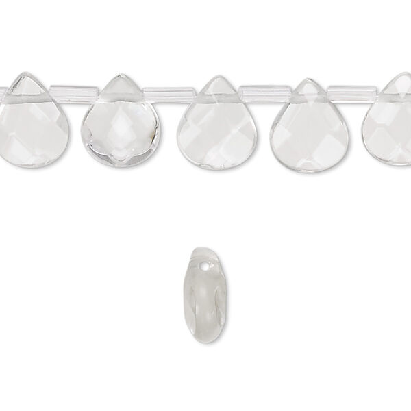 Drop, glass, clear, 10x8mm faceted puffed teardrop. Sold per pkg of 40 drops. image number 0