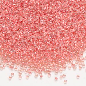 Seed bead, Miyuki, glass, pkg/35g, #15 rocaille, translucent coral-lined luster crystal clear (RR-204).