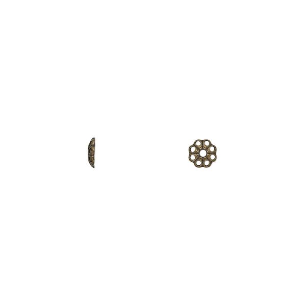 Bead cap, antique gold-plated brass, stamped, 4x1mm fancy round with cutout pattern, fits 4-6mm bead. Sold per pkg of 100. image number 0
