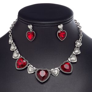 Necklace and earring set, glass / stainless steel / antique silver-coated plastic / antique silver-plated brass / steel / "pewter" (zinc-based alloy), red, heart, 15" to 16" necklace with 2-inch extender chain and lobster claw clasp, 27mm earrings with post. Sold per set.