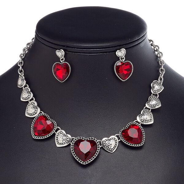 Necklace and earring set, glass / stainless steel / antique silver-coated plastic / antique silver-plated brass / steel / "pewter" (zinc-based alloy), red, heart, 15" to 16" necklace with 2-inch extender chain and lobster claw clasp, 27mm earrings with post. Sold per set. image number 0