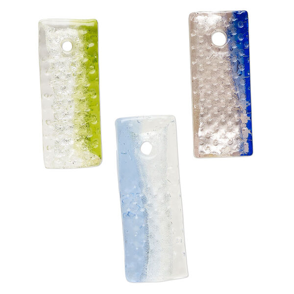 Random focal mix, lampworked glass, translucent mixed colors, 44x18mm-53x19mm double-sided textured rectangle with copper-colored glitter and silver-colored foil. Sold per pkg of 3. image number 0