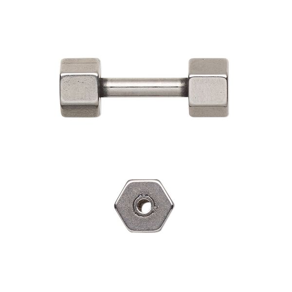 Bead, antiqued stainless steel, 25x8mm hexagonal dumbbell. Sold individually. image number 0