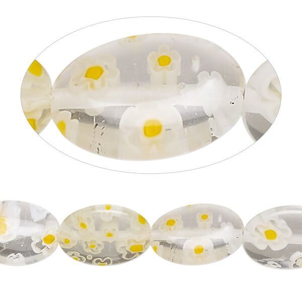 Bead, millefiori glass, translucent and transparent clear / white / yellow, 13x10mm-14x10mm puffed oval with 0.6-0.8mm hole. Sold per 15-inch strand. image number 0