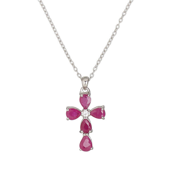 Necklace, Create Compliments®, ruby (natural) / cubic zirconia / sterling silver, clear, 15x10mm cross, 18 inches with springring clasp. Sold individually. image number 0