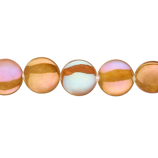 Bead, mother-of-pearl shell (dyed / coated), gold, 10mm flat round, Mohs hardness 3-1/2. Sold per 15-inch strand. image number 0