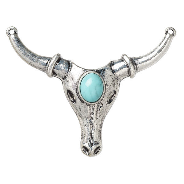 Focal, "turquoise" (resin) (imitation) and antiqued "pewter" (zinc-based alloy), blue, 57x43mm single-sided steer skull with 2 loops. Sold individually. image number 0