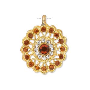Pendant, glass rhinestone and gold-finished "pewter" (zinc-based alloy), clear and orange, 23mm round. Sold individually.