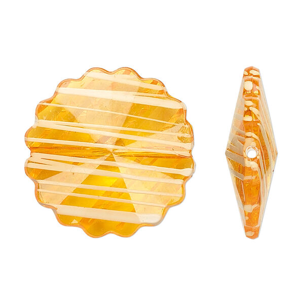 Bead, acrylic, semitransparent orange and white, 25mm faceted round flower with painted line design. Sold per pkg of 48. image number 0