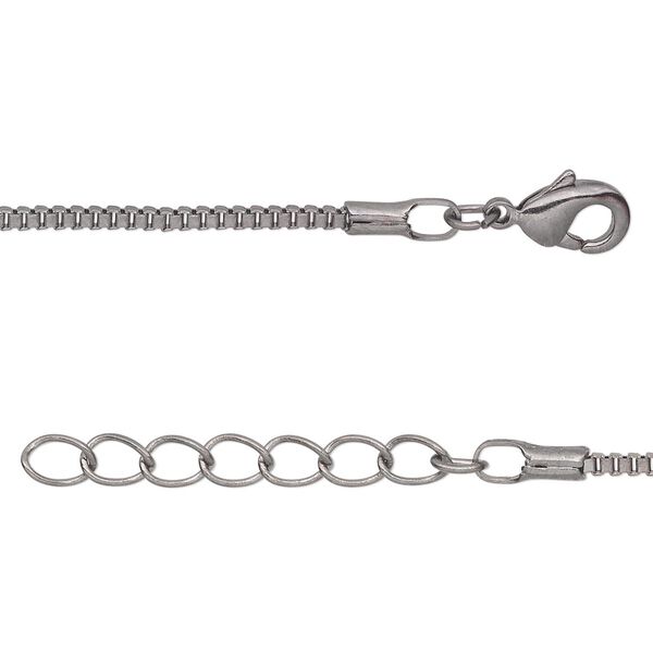 Chain, gunmetal-plated brass, 1.5mm Venetian box, 16 inches with 1-inch extender chain and lobster claw clasp. Sold per pkg of 4. image number 0
