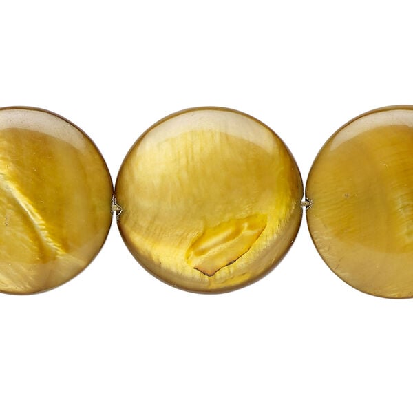 Mother-of-pearl shell 1pkg1, puffed flat round bead 15 inch dark golden brown 19-20mm image number 0