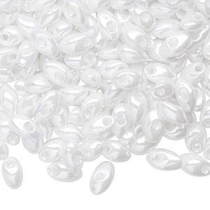 Seed bead, Miyuki, glass, pkg/10g, 7x4mm long magatama, opaque pearl luster white (LMA-420).