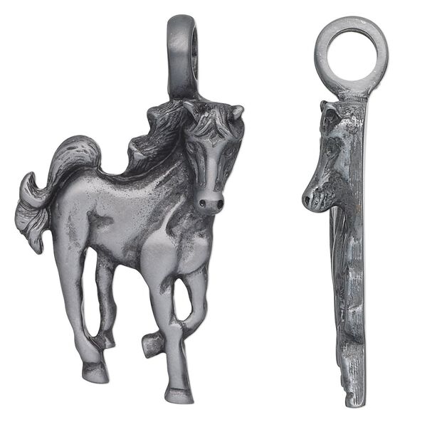 Pendant, Almost Jewelry™, antiqued "pewter" (zinc-based alloy), 43x26mm single-sided horse. Sold individually. image number 0