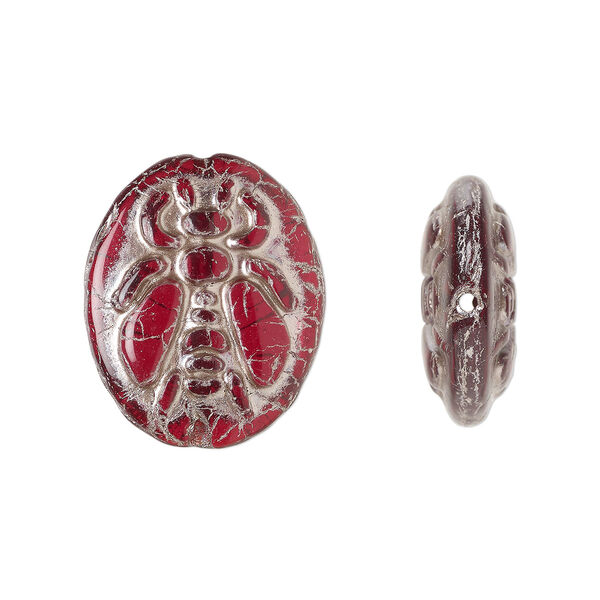 Bead, Preciosa Czech pressed glass, opaque dark red, black luster, light copper finish, 22x18mm oval scarab. Sold per pkg of 5. image number 0