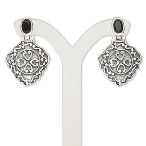 Earring, black onyx (dyed) and antiqued sterling silver, 28mm with diamond and post. Sold per pair.