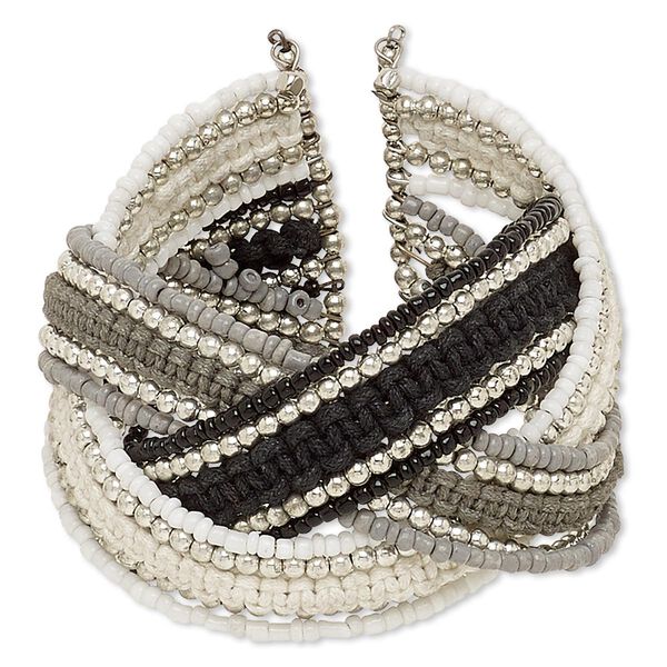 Bracelet, cuff, polyester / glass / steel / silver-coated plastic, multicolored, 42mm wide with braided design, adjustable from 6-7 inches. Sold individually. image number 0