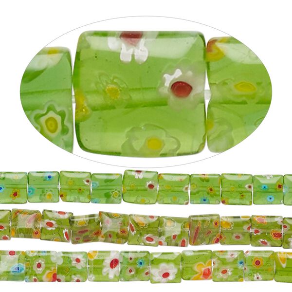 Bead mix, millefiori glass, translucent green and multicolored, 8mm puffed square with flower design. Sold per pkg of (3) 14-inch strands. image number 0