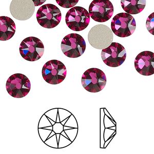Flat back 12pk fuchsia foil back, Crystal Passions® 7.07-7.27mm rose round SS34 2088