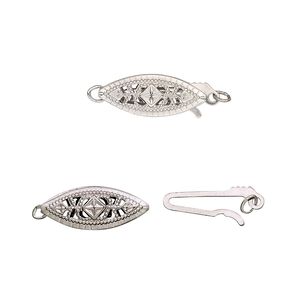 Clasp fishhook 1pkg2 sterling silver, 16x6mm filigree oval, 1-strand