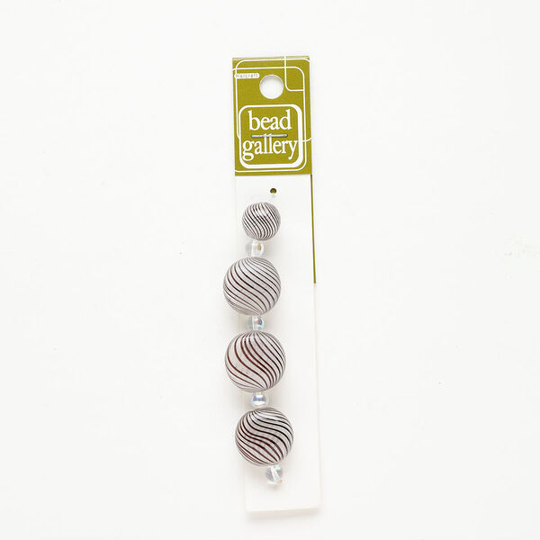 Bead 1pkg4 handblown glass, 11-13mm round / 19-20mm puffed flat oval / line design, assortment translucent clear / brown image number 0