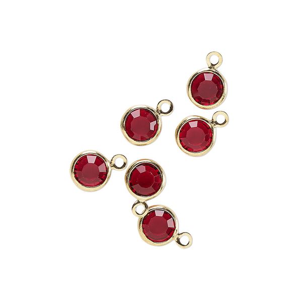Drop, glass rhinestone and gold-finished brass, garnet red, 6-6.5mm faceted round. Sold per pkg of 6. image number 0