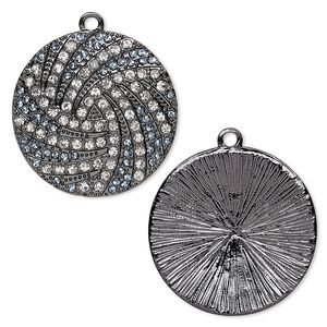 Focal, glass rhinestone and gunmetal-finished "pewter" (zinc-based alloy), clear and blue, 36mm round with burst design. Sold individually.