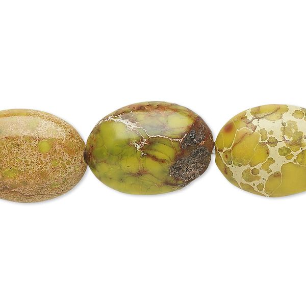 Bead, magnesite (dyed / stabilized), light lime green, 18x13mm flat oval, B grade, Mohs hardness 3-1/2 to 4. Sold per 15-1/2" to 16" strand. image number 0