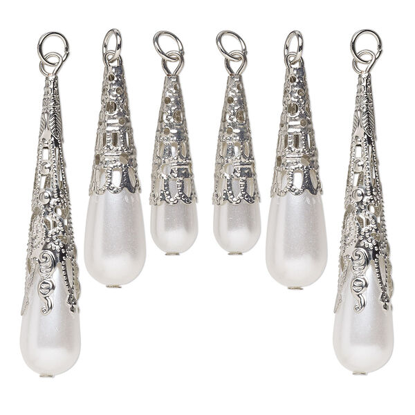 Focal mix, imitation rhodium-finished steel and acrylic, white pearl, 29x9mm-55x10mm teardrop with jump ring. Sold per pkg of 6. image number 0