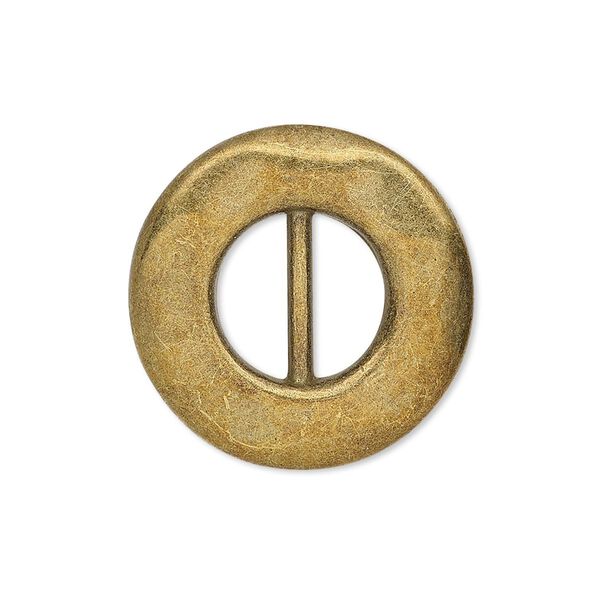 Slide, antiqued brass-finished "pewter" (zinc-based alloy), 26mm single-sided dented round, 11x5mm hole. Sold per pkg of 4. image number 0