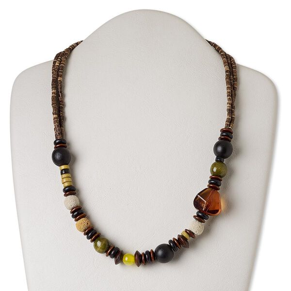 Necklace, lava stone (natural) / wood / resin / acrylic / silver-finished brass, multicolored, 24 inches with barrel clasp. Sold individually. image number 0