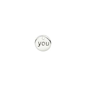 Drop, sterling silver and enamel, black, 8mm single-sided round with "you." Sold individually.