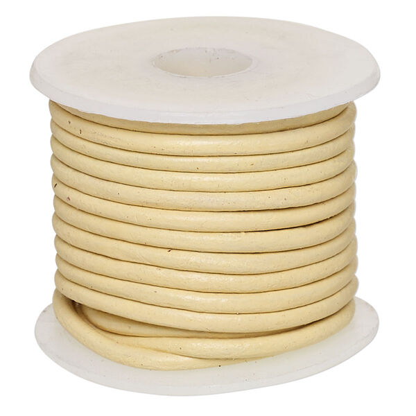 Cord, leather (dyed), cream, 2-2.2mm round. Sold per 5-yard spool. image number 0