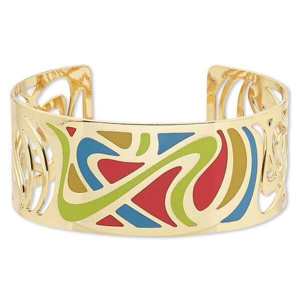 Bracelet, Avant-Garde Jewelry Collection™, cuff, enamel and gold-plated brass, multicolored, 30mm wide with cutout and swirl design, adjustable from 7-8 inches. Sold individually. image number 0