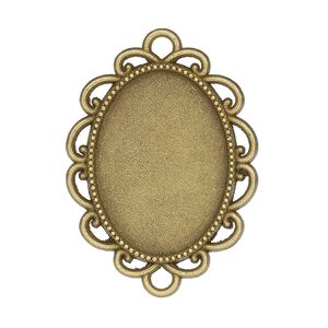 Link, glue-in, antique brass-finished "pewter" (zinc-based alloy), 30.5x26mm single-sided fancy oval with 25x18mm oval setting. Sold per pkg of 2.