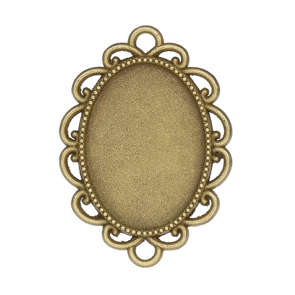 Link, glue-in, antique brass-finished "pewter" (zinc-based alloy), 30.5x26mm single-sided fancy oval with 25x18mm oval setting. Sold per pkg of 2. image number 0