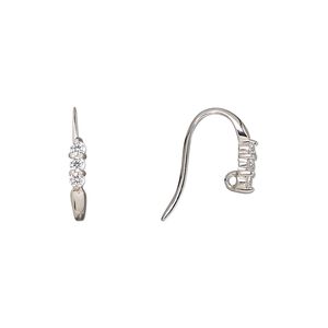 Ear wire fishhook 1pkg2 rhodium-plated sterling silver / cubic zirconia, 11mm / closed hidden loop, 17 gauge clear 1 pair